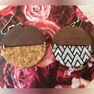 Brown and Black Wood and Cork Geometric Earrings